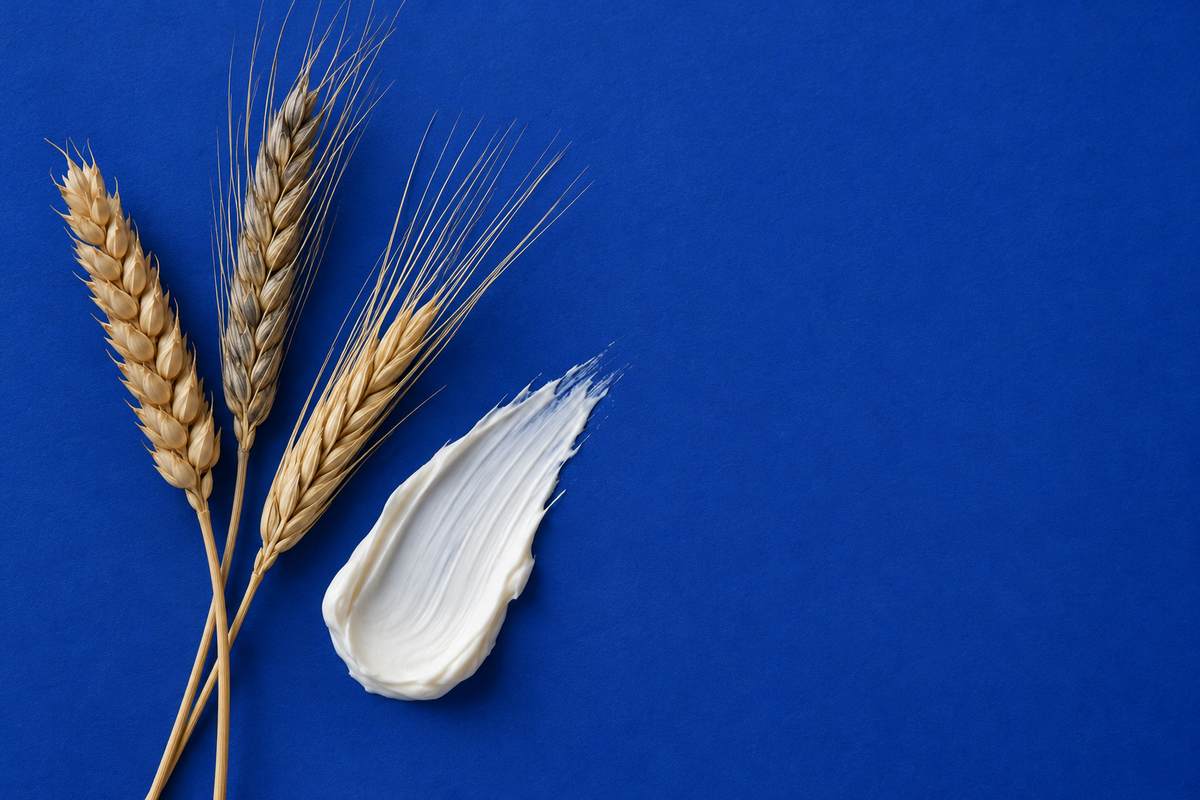 Espigas de trigo e creme branco sobre fundo azul: o ácido azelaico existe naturalmente em cereais como o trigo